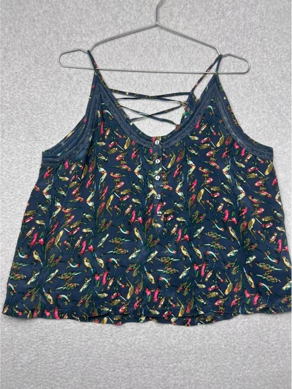 Kimchi Blue 100% Silk Bird Print Tank Top Urban Outfitters Lace Up Back Cami L